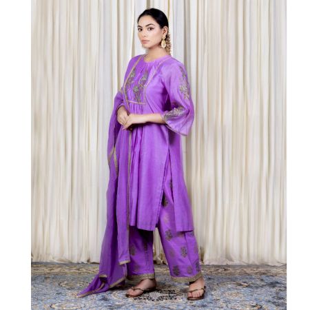 Purple Gathered Kurta Set with Hand Embroidery